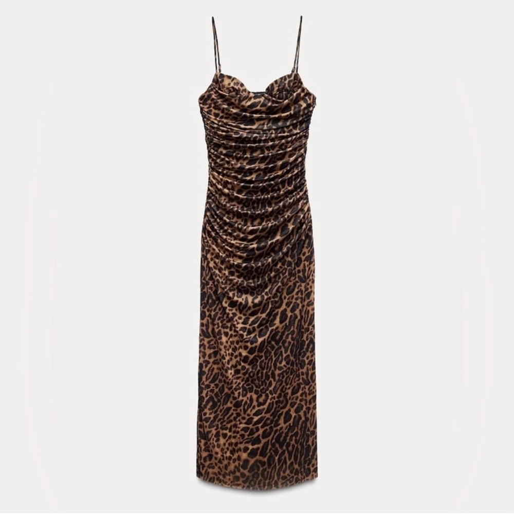 Zara Brown Leopard Print Midi Dress